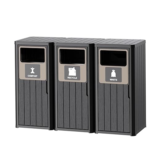 Outdoor Three Barrel Trash Can, Waterproof Resin Garbage Can by OutdoorLivingPerfected