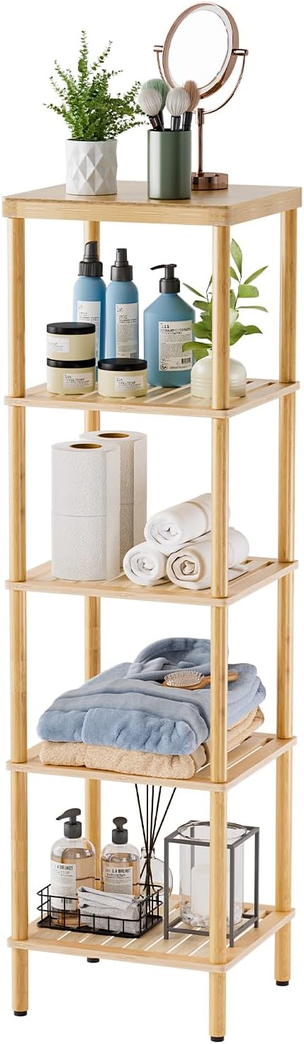 AmazerBath 5-Tier Bamboo Bathroom Shelf, Bathroom Standing Shelves, Multifunc...