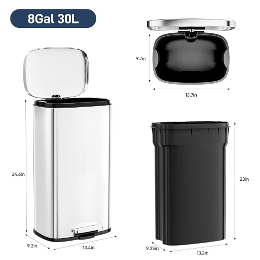 Arlopu 8 Gallon Step Trash Can, Stainless Steel Garbage Bin, Soft-Close Rubbish - Image 2