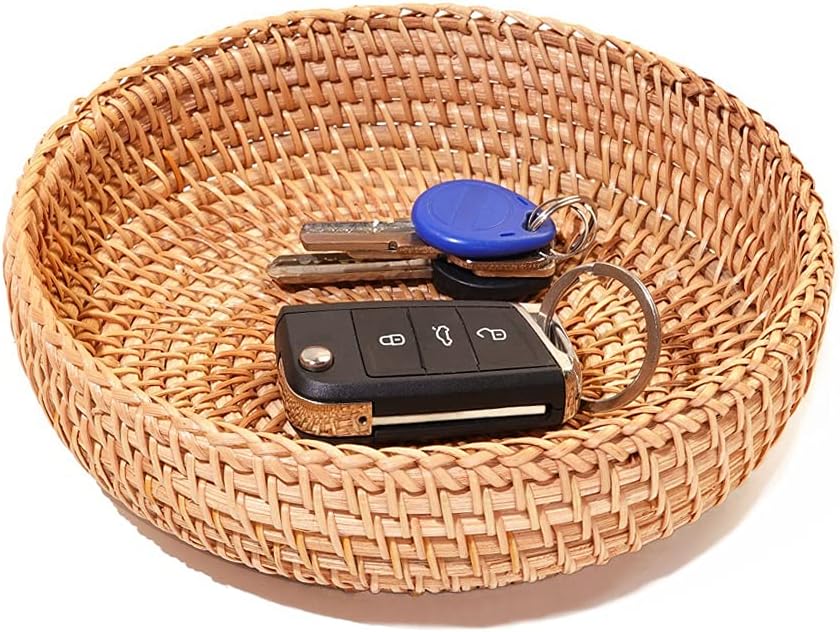 Small Round Keys Basket for Entryway Woven Baskets for Organizing | Tabletop Decorative Wicker Organizer Basket for Keys Wallet Cell Phone for Fruit Candy Cracker