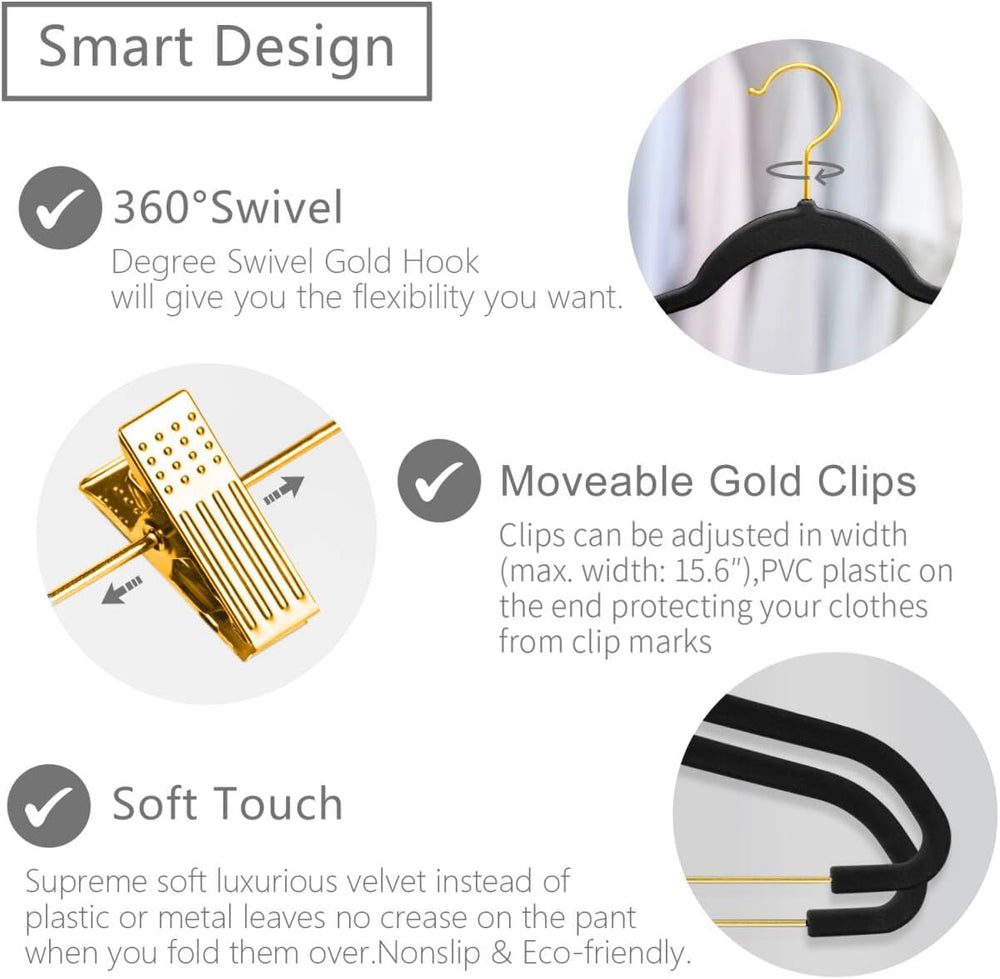MIZGI Premium Velvet Pants Hangers with Adjustable Clips (Pack of 30) Slim Sk...