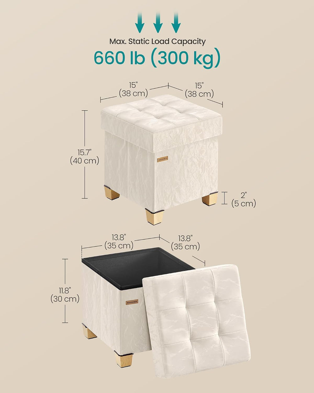 SONGMICS Storage Ottoman, Textured PU Leather Footstool with Cushion