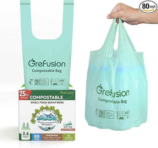 Compostable trash Bags, 2.6 Gallon, Thick 0.91 mils, Compost bin Kitchen by GreFusion