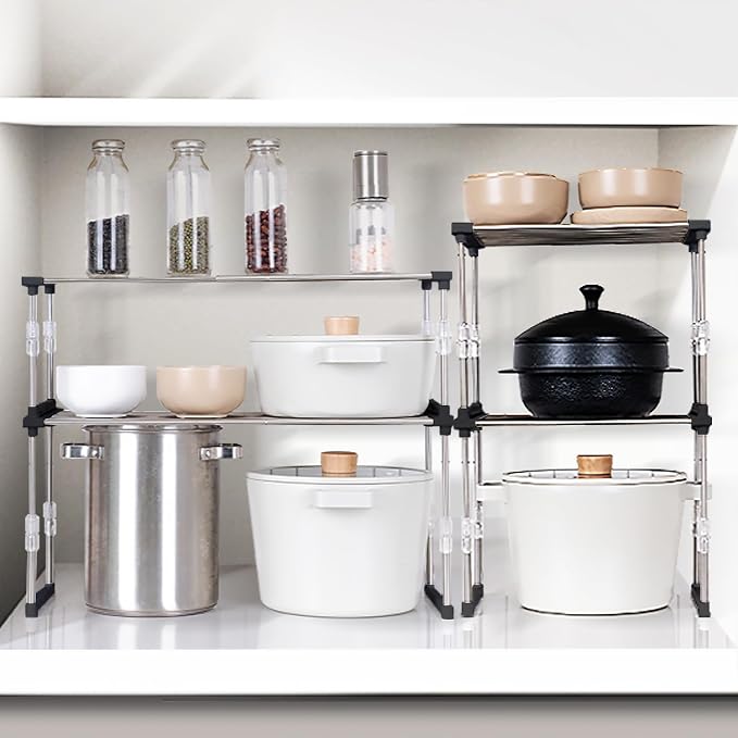 carrotez 2 Pack Expandable Cabinet Organizer, Stackable Kitchen Counter Shelf - Image 2
