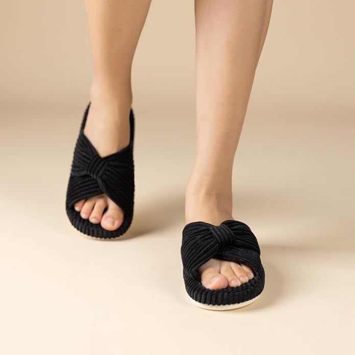 Chantomoo Slippers for Women Memory Foam House Bedroom Corduroy Bow Crossbands - Image 6
