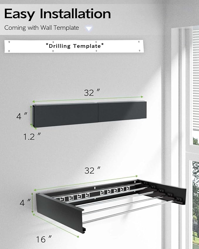 Wall Mounted Clothes Drying Rack 32", Foldable Wall Mount Laundry Rack Folding - Image 6