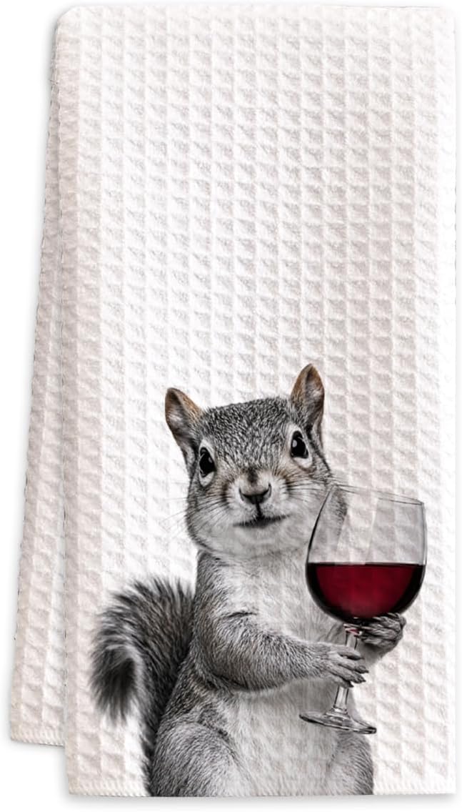 1PCS Funny Wine Lover Kitchen Towels, Squirrel Wine Dish Towels for Kitchen, 16x23.5 Inch Absorbent Waffle Tea Towels, Decorative Hand Towels, Housewarming Hostess Gifts