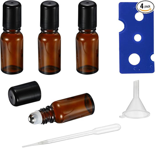 5ML Roller Bottles for Essential Oil, 4 Pack Empty Amber Glass Roller Bottle by HEYLEAYAR