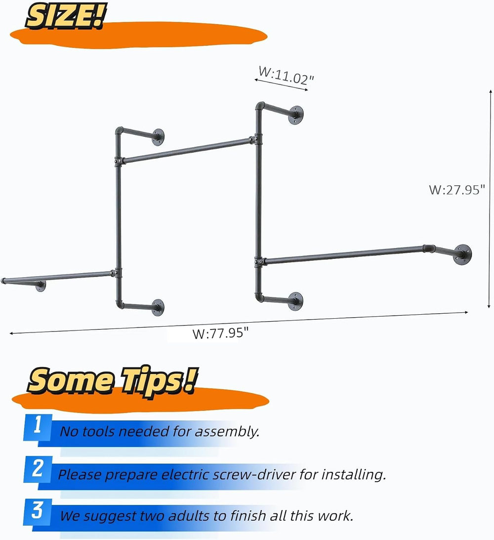 Industrial Pipe Clothing Rack, Wall Garment Rack, Hanging Clothes Rod