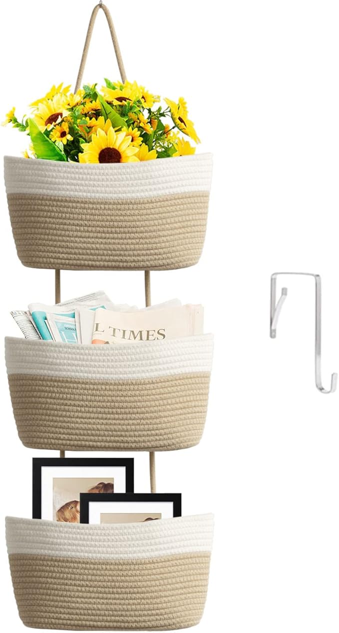 TeoKJ Over the Door Hanging Basket, 3-Tier Woven Cotton Wall-Mounted Storage by TeoKJ