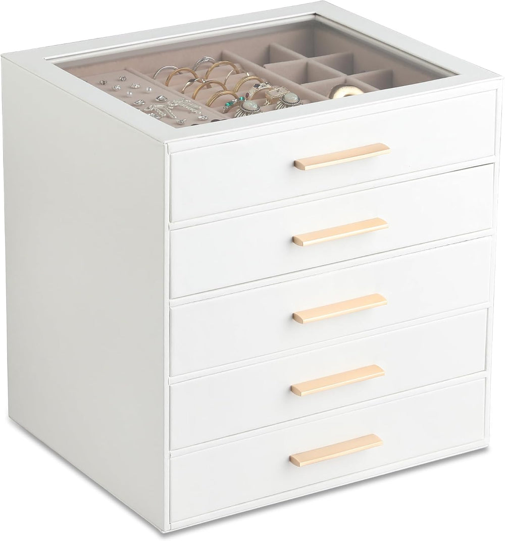 Frebeauty Jewelry Box for Women,Clear Lid Jewelry Organizer with 5 Drawers