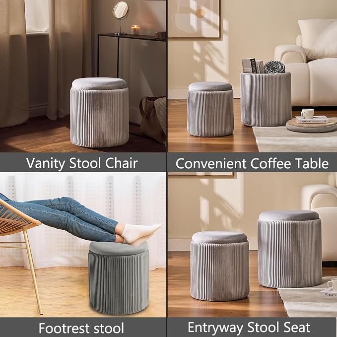 Round Set of 2 Ottoman with Storage-Upholstered Velvet Vanity Stool - Image 4