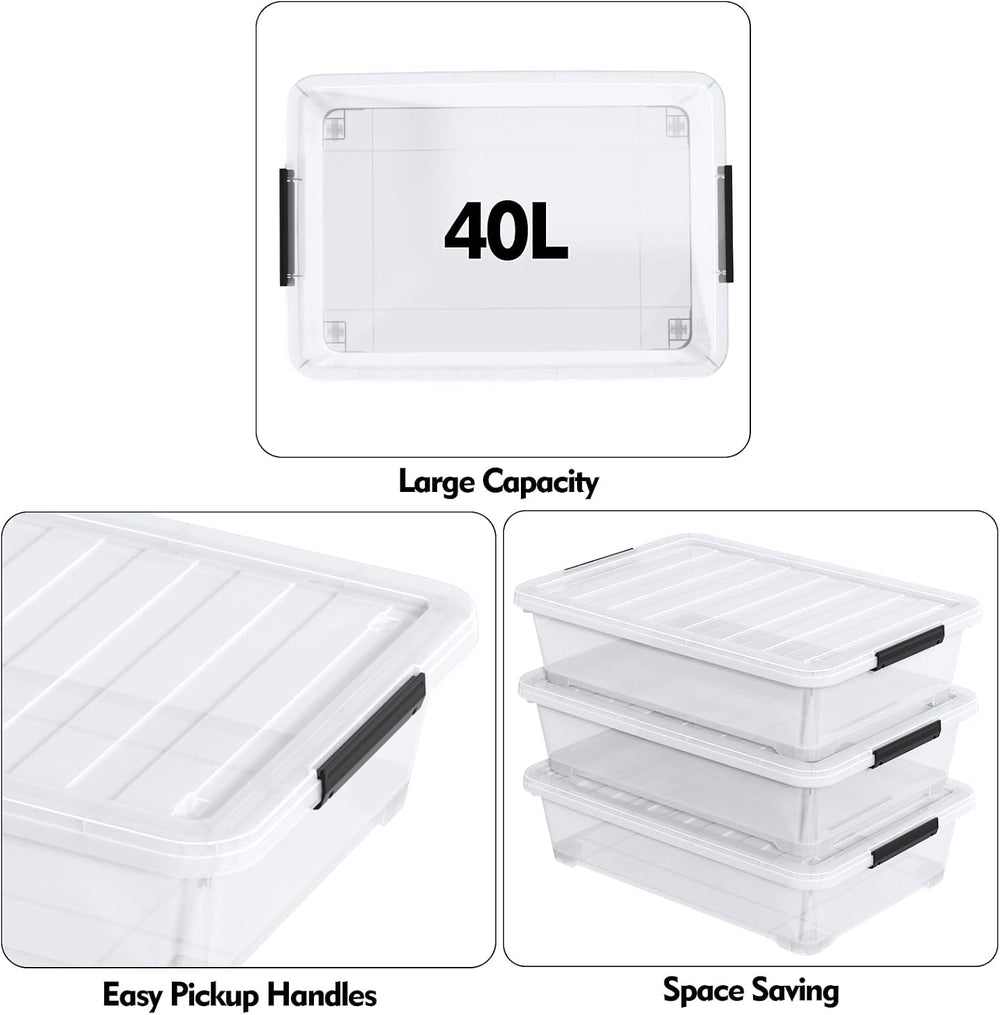 Under Bed Storage Bins with Lids, 40L Underbed Organizer, 3 Pack