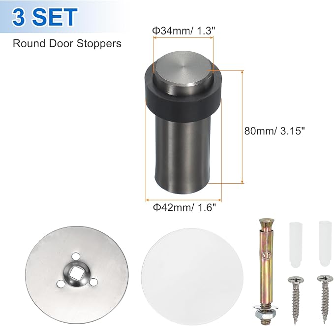 PATIKIL 3Set Round Door Stoppers, 80mm Stainless Steel Door Stop Doorstop Wedge - Image 2