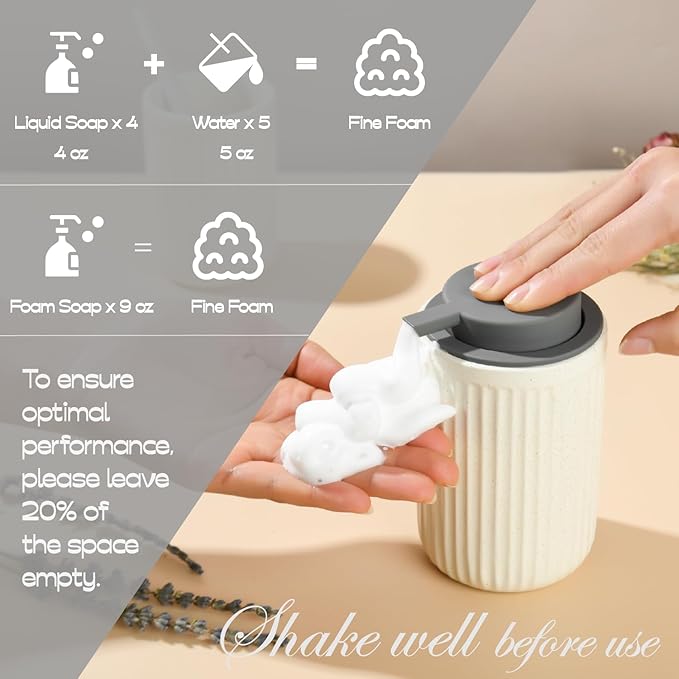 Beige Ceramic Foaming Soap Dispenser 2 Pack, Speckled Rippled 12 oz Bottle - Image 3