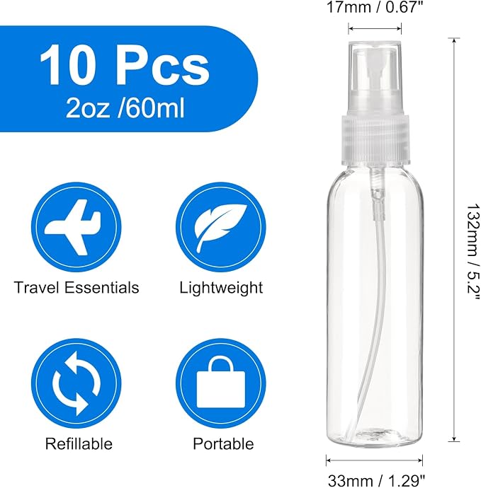 uxcell 10Pack Spray Bottles, 2Oz/60ML Reusable Clear Empty Mist Plastic Mini - Image 2