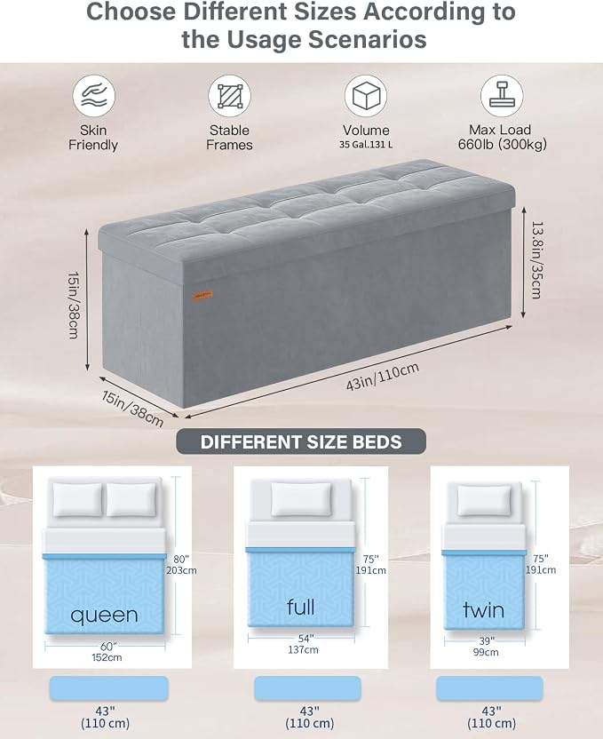 Folding Storage Ottoman, Velvet Storage Bench, Removable Divider, - Image 2