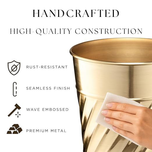 Monarch Abode Brushed Gold Handcrafted Wave Embossed Metal Wastebasket - Image 3