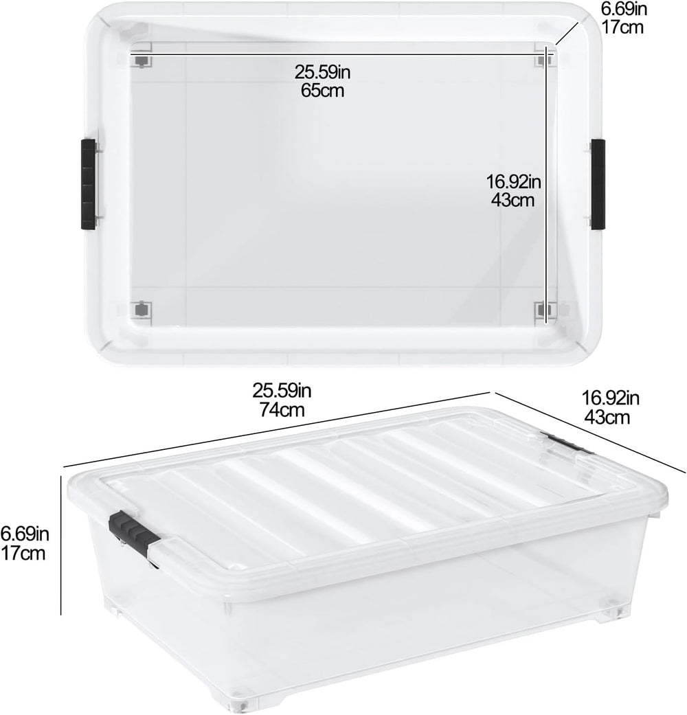 50 L Large 3 Packs Clear Plastic Under Bed Storage Container with Lid and Whe...