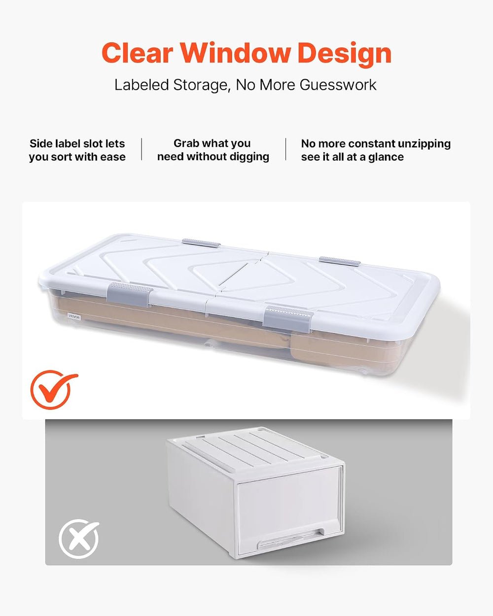 VEVOR Under Bed Storage with Wheels, 31.7 x 15.6 x 6.9 inch Underbed Containe...