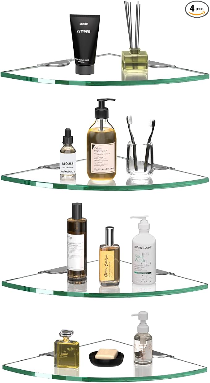 Corner Glass Shower Caddy 4 Pack 8MM-Thick Tempered Glass Shelf No Drilling by decorstat