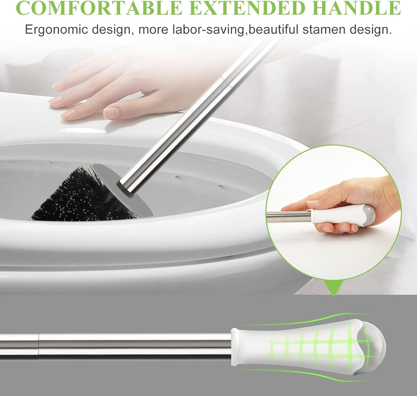 AONEZ Compact Toilet Brush & Holder, Stainless Steel Handle, Space Saving for Storage, Deep Cleaning, Drip-Proof, Easy to Assemble, Nylon Bristles, White & Grey