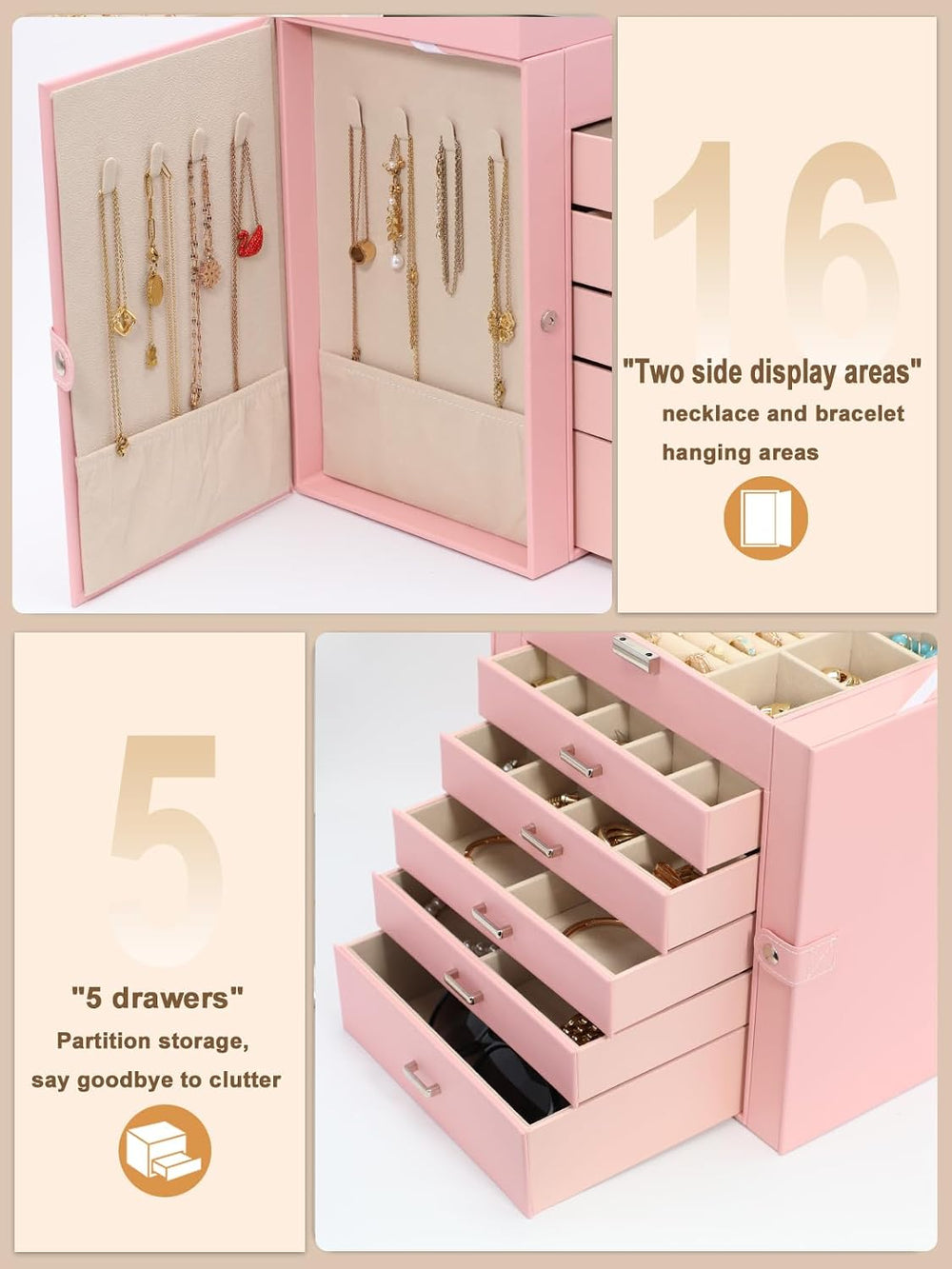 BOOVO Large Jewelry Box for Women 6 Layer