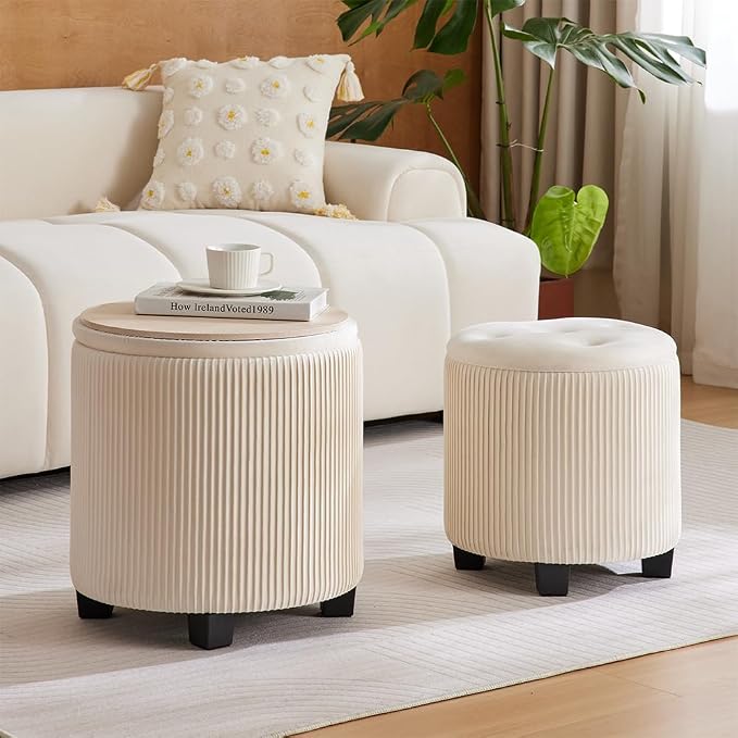 Big Round Ottoman with Storage Set of 2, Upholstered Velvet Vanity Stool - Image 2