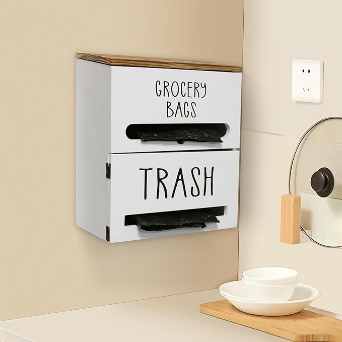 2 in 1 Trash Bag Dispenser, Double Wall Mounted, Wood Trash Bag Holder - Image 5