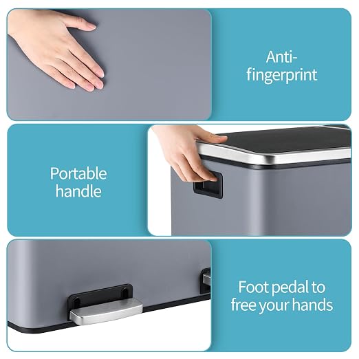 16 Gallon Rectangular Stainless Steel Trash Can, Dual Compartment Garbage Bin - Image 5