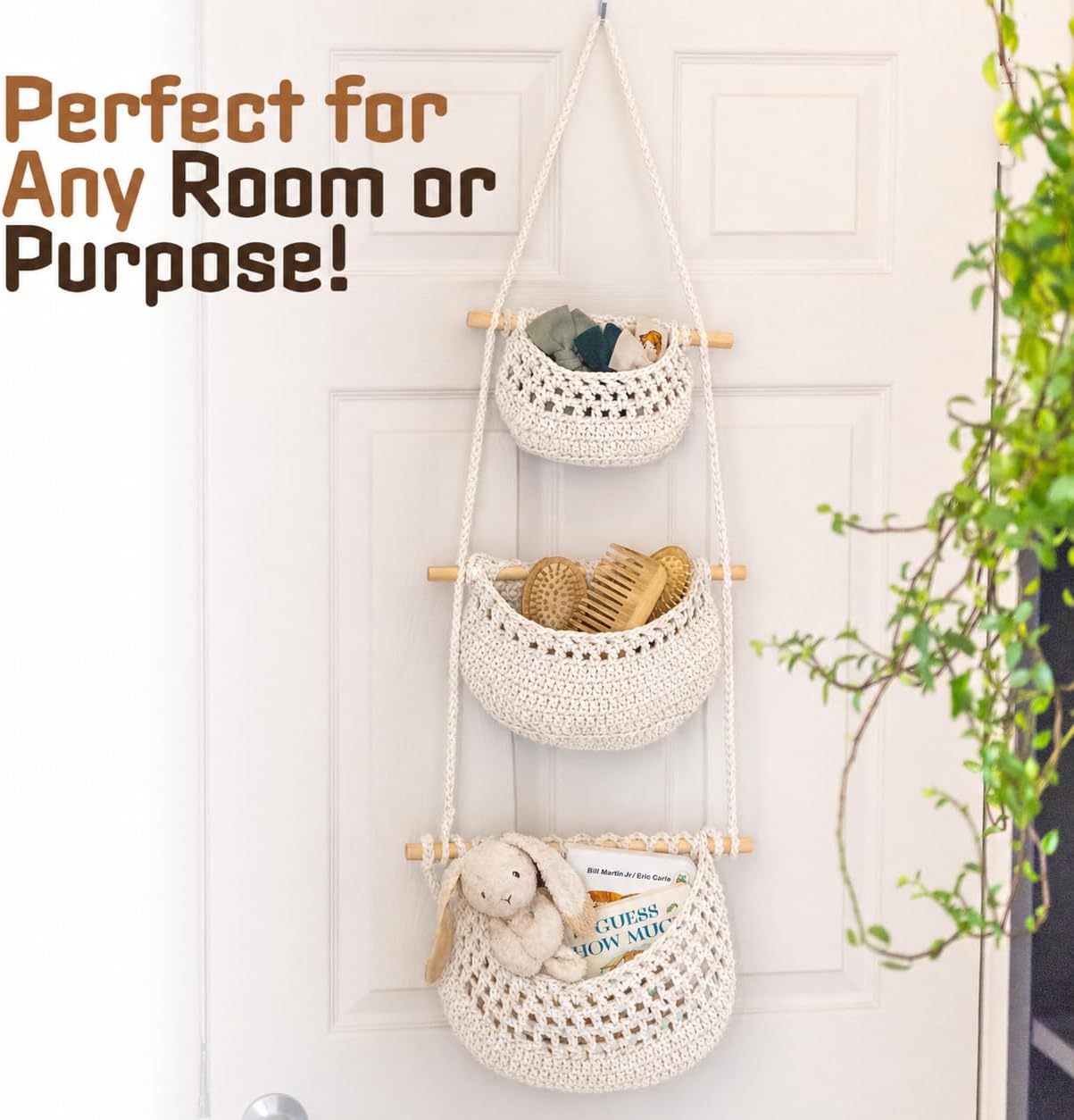 Cotton Hanging Fruit Basket, 3 Tier Woven Wall Basket, Hanging storage baskets for Kitchen and Bathroom, Macrame Wall Hanging, Boho Decor Over The Door Organizer, White
