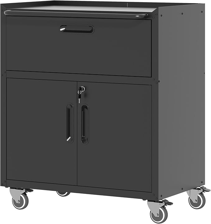 Metal Storage Cabinet with Wheels, Lockable Garage Cabinet with 2 Doors and 1 by BIZOEIRON