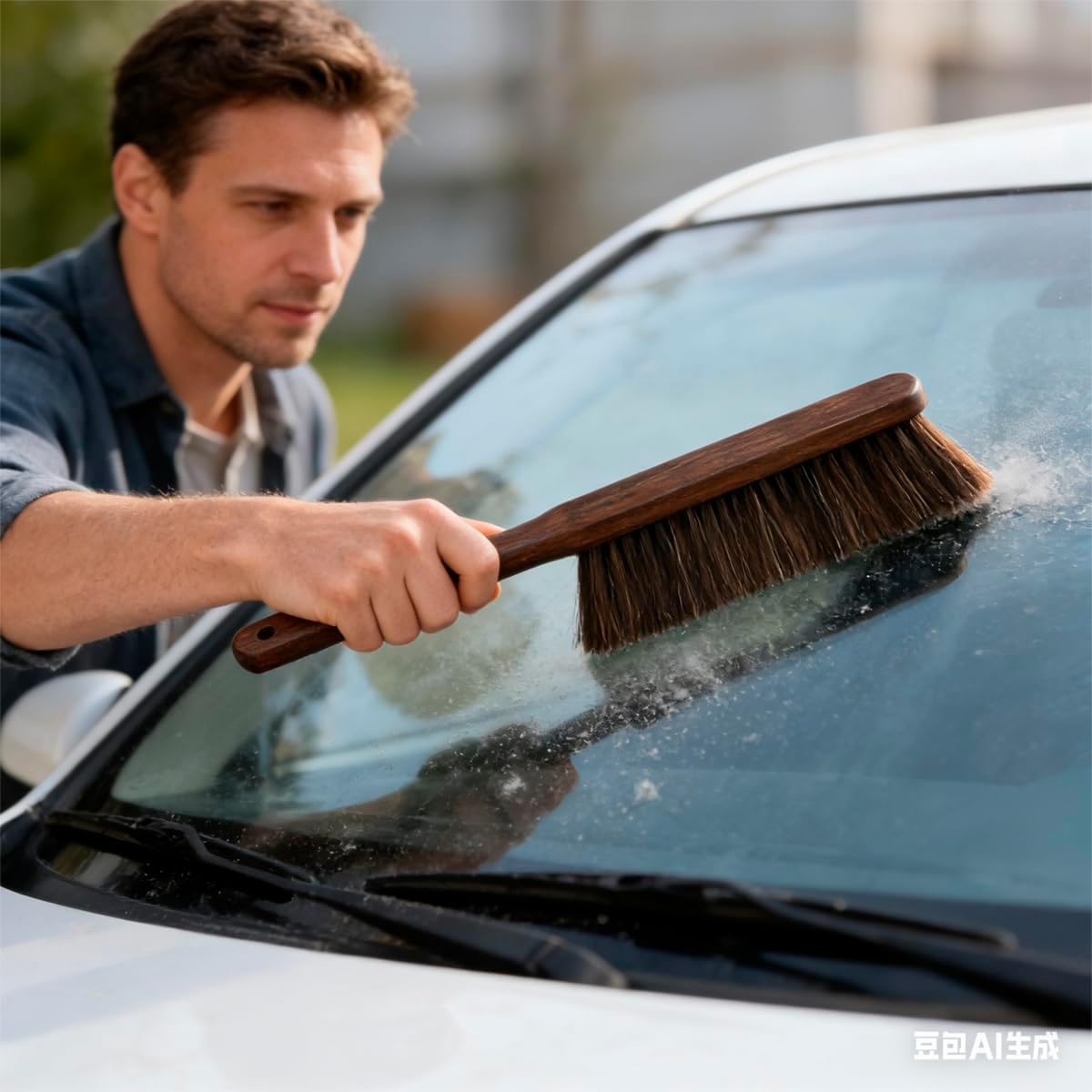 Hand Broom with Soft Horsehair Bristles, Wooden Handle, Dusting Brush for Car, Bed, Furniture, and Couch