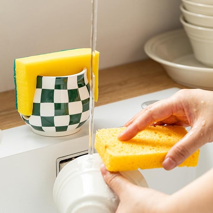 Kitchen Sponge Holder, Ceramic Sponge Organizer Checkered Scrubby Holder Sink - Image 6