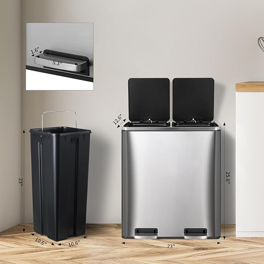 16 Gallon Rectangular Stainless Steel Trash Can, Dual Compartment Garbage Bin - Image 2