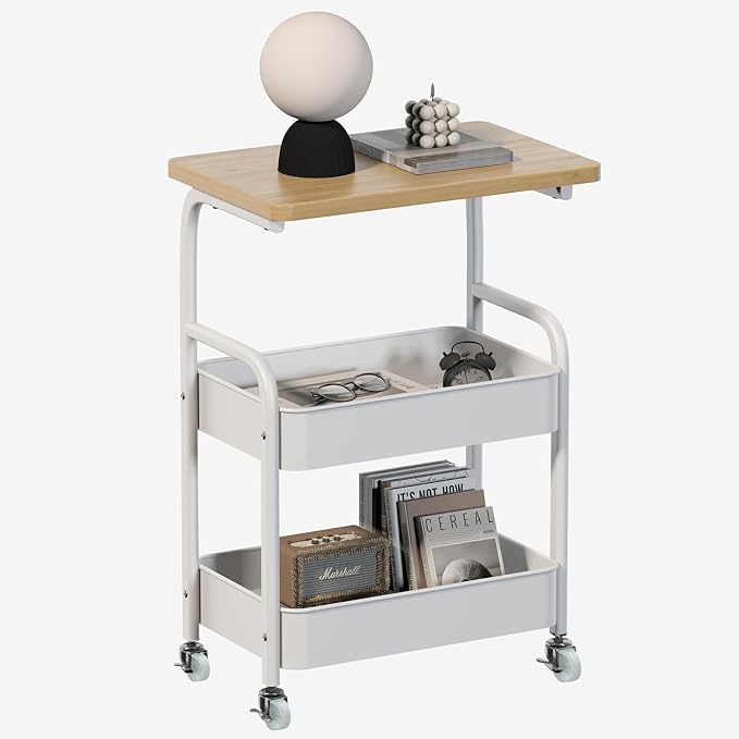 Rolling Cart with Wooden Tabletop 3-Tier Metal Utility Rolling Cart Storage by ULIKEUS