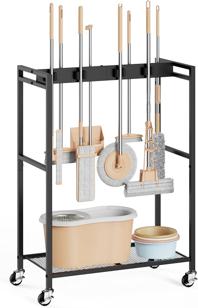 BORISI Broom And Mop Holder, Movable Broom Closet Storage Cabinet, Cleaning Cart by BORISI