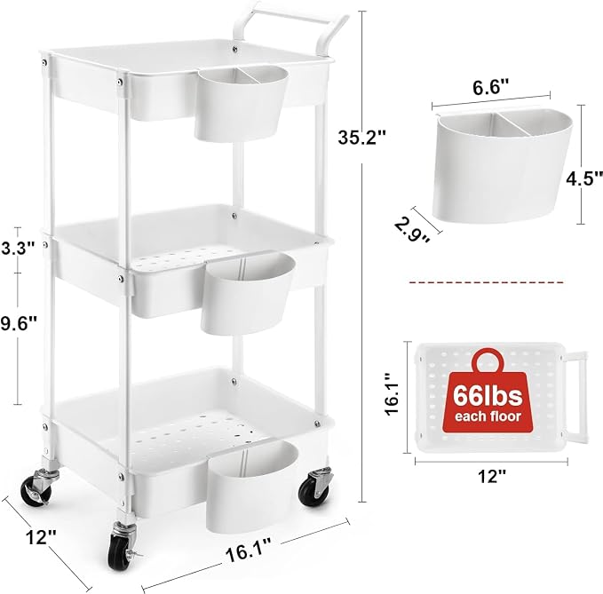 3-Tier Utility Rolling Cart, Mobile Utility Cart - Image 2