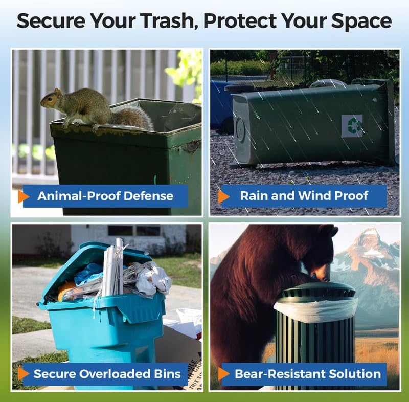 Trash Can Lock for Animals, 4PCS Adjustable Straps Garbage Can Locks for 28-100 Gallon Outdoor Bins, Bear Proof Trash Can Lock with Anti-Rust Metal Buckle, One-Hand Release Lid Locking Design
