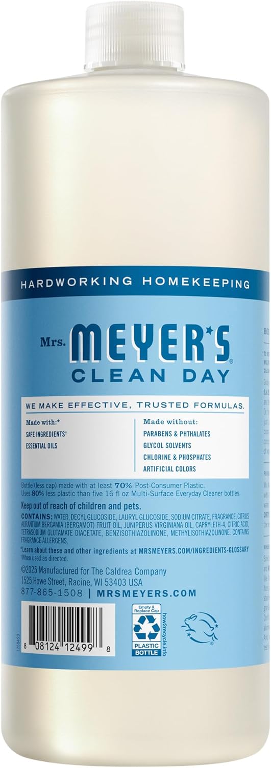 MRS. MEYER'S CLEAN DAY Multi-Surface Cleaner Concentrate, Rain Water, 32 oz | Dilute with Water for Powerful Cleaner, Makes Up to 16 Gallons per Bottle, Removes Dirt and Freshens Surfaces