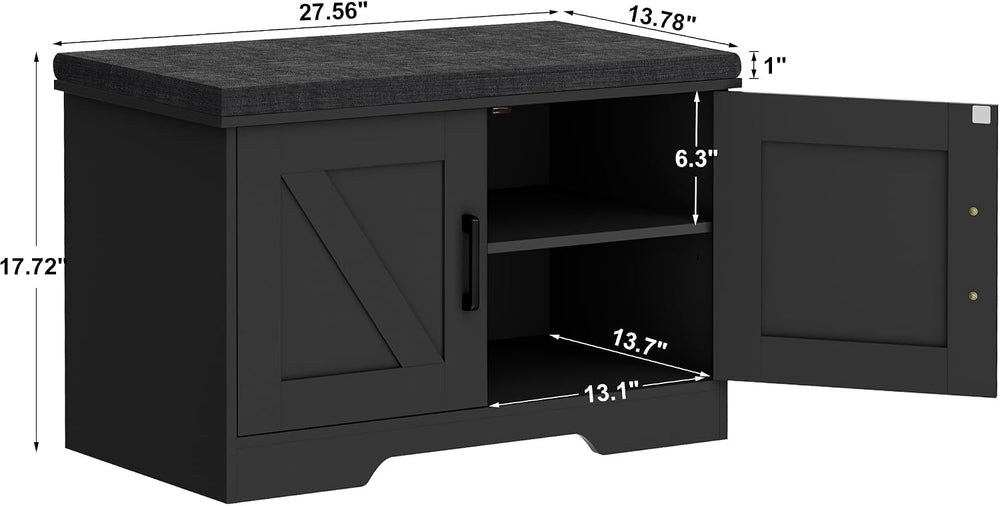 HOMSHO Farmhouse Shoe Storage Bench with 2 Barn Doors & Padded Seat Cushion