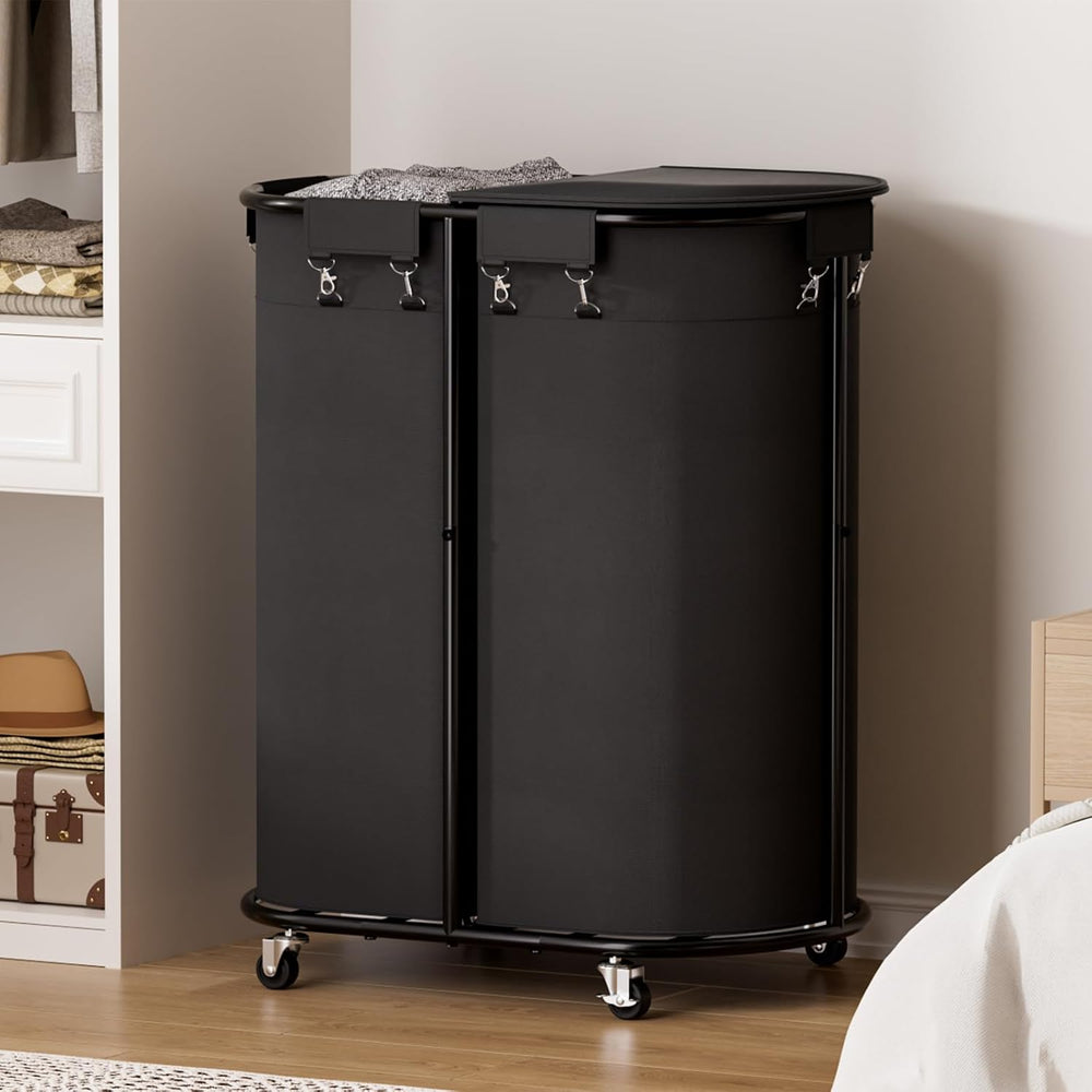 200L Double Laundry Hamper with Lid & Wheels, Oval Rolling Laundry Basket
