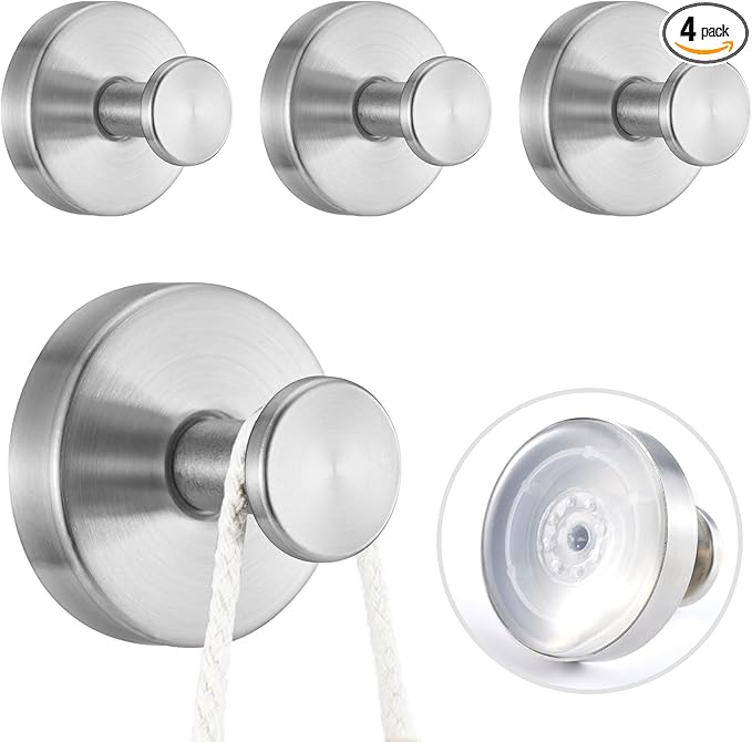 4 PCS Suction Cup Hooks for Shower, Stainless Steel No Drill Suction Towel Hooks by Pierpel