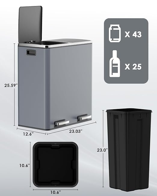 AthLike 60L Dual Trash Can, Stainless Steel Kitchen Garbage Can, Double - Image 2