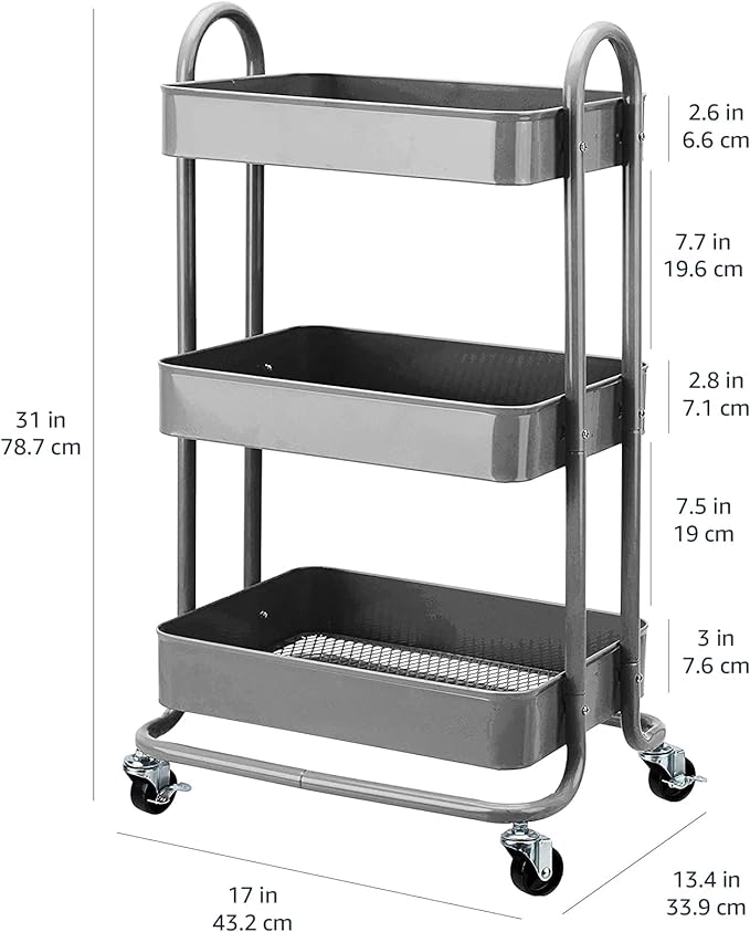 Amazon Basics 3-Tier Rolling Utility or Kitchen Cart, Lockable Wheels - Image 5