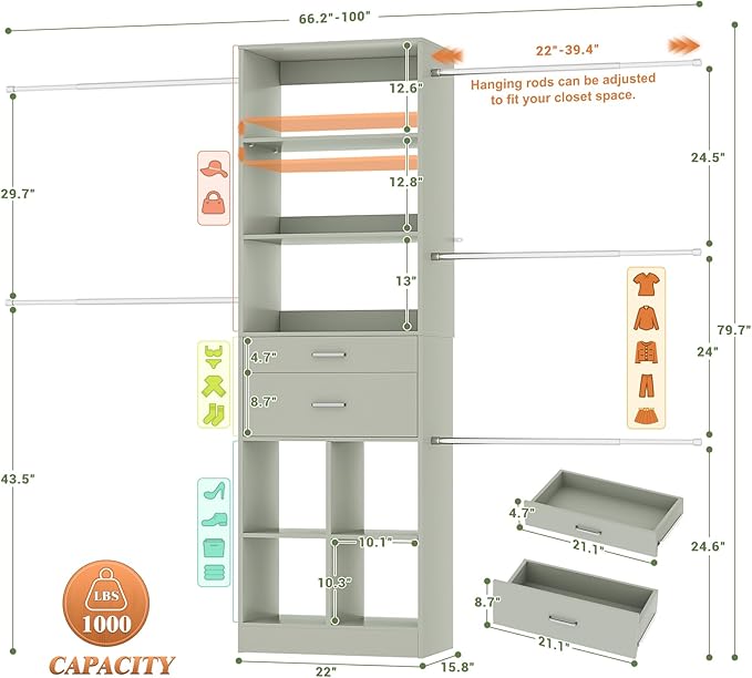 Closet System, 4-8 FT Closet Organizer Tower - Image 3