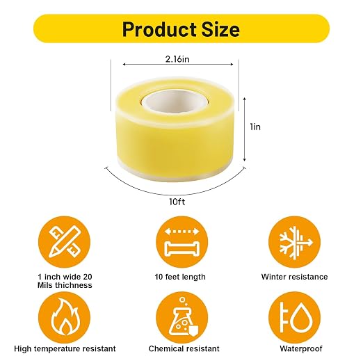 Self Fusing Silicone Tape 4 Rolls 1 in x 10' Yellow Waterproof Rescue Tape - Image 2