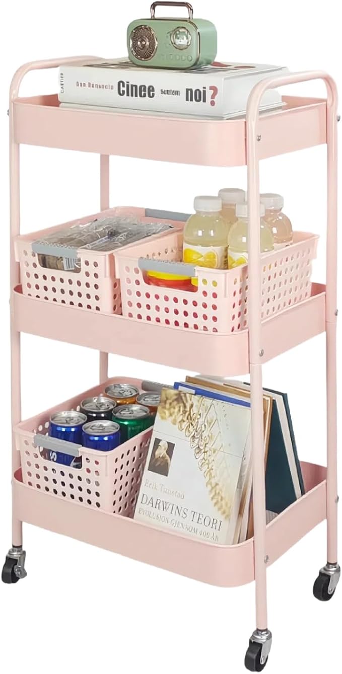 3 Tier Pink Rolling Cart for Nursery & Laundry Room by LIWNYRK
