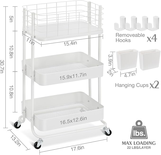 KINGRACK 3 Tier Rolling Cart, Metal Mobile Storage Shelf - Image 2