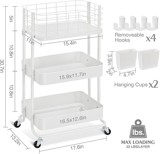KINGRACK 3 Tier Rolling Cart, Metal Mobile Storage Shelf - Image 2